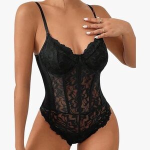 XS Black Lace Bodysuit Sheer V Neck Spaghetti Strap Going Out Top NWOT